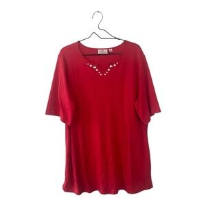 Quacker Factory Red Rhinestone Half Sleeve Tunic Top Women’s Plus Size 1X